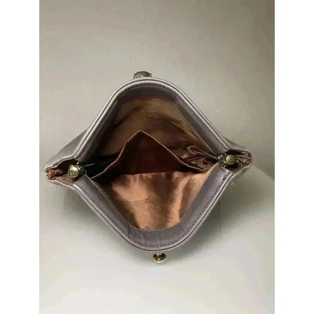 Vintage Ruth Saltz 70s Gray Leather Clutch Bag Silver Tone Lion Emblem No Strap